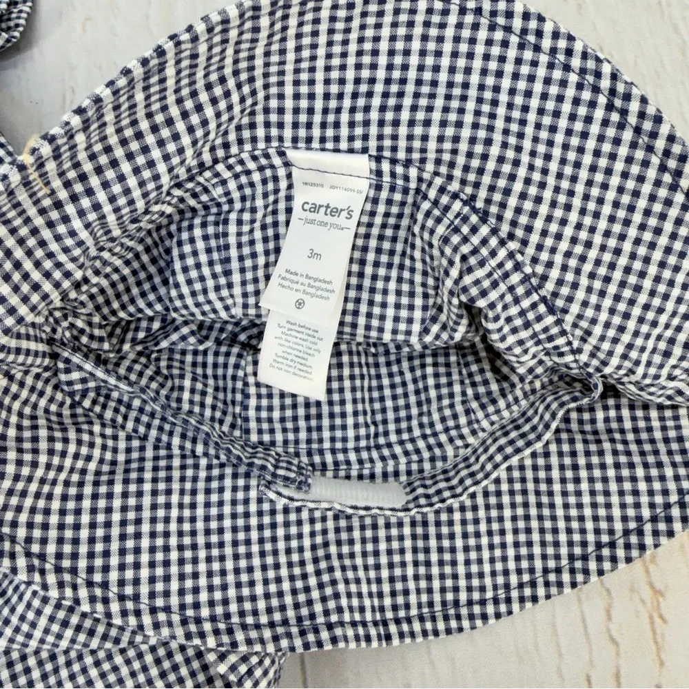 Carter’s 3M Gingham Romper +‎ Hat Baby Outfit Blue White Pre-Owned